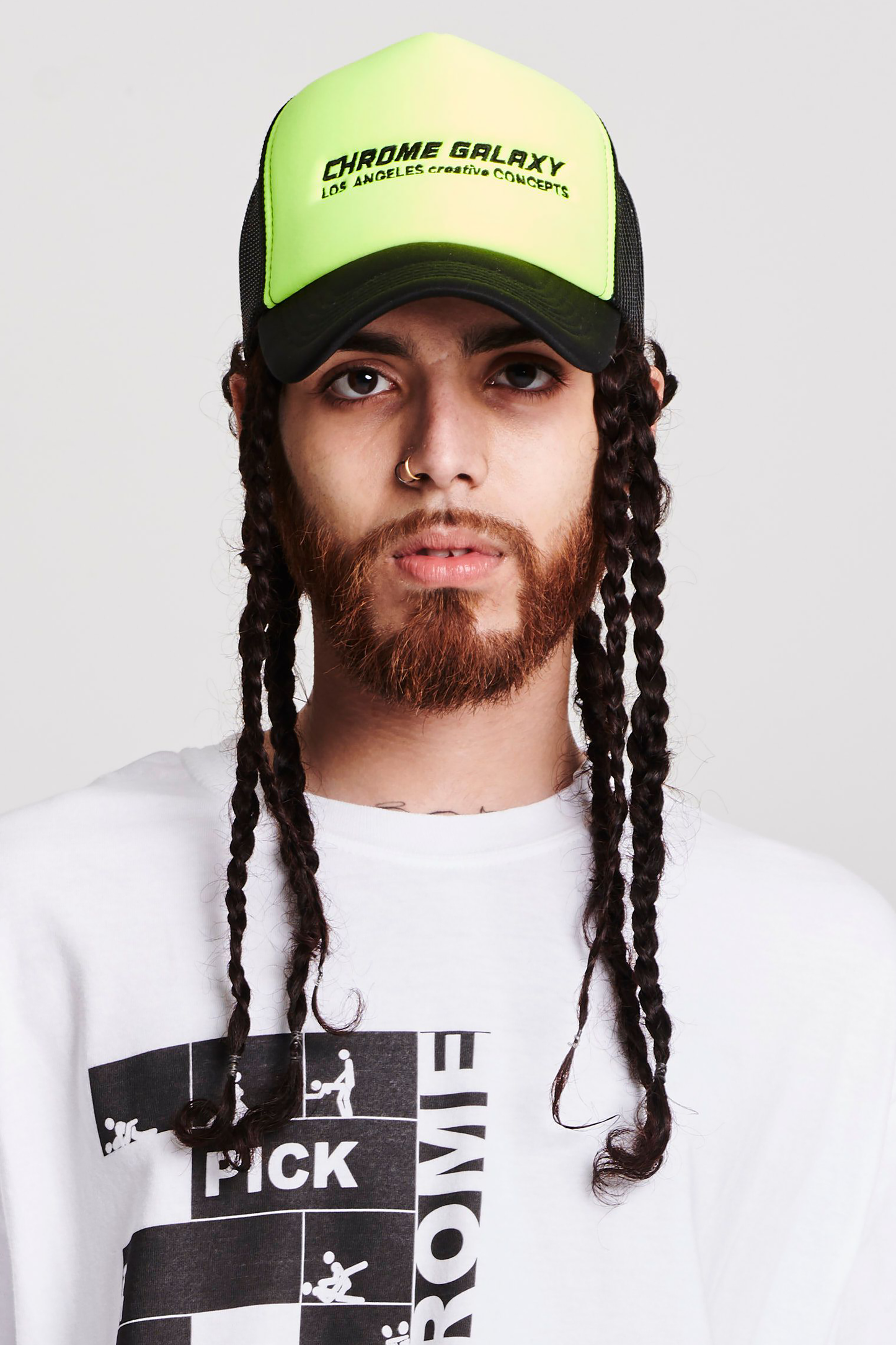 LIME FRONT BLACK MESH EMBROIDERED LOGO TRUCKER HAT | CHROME GALAXY